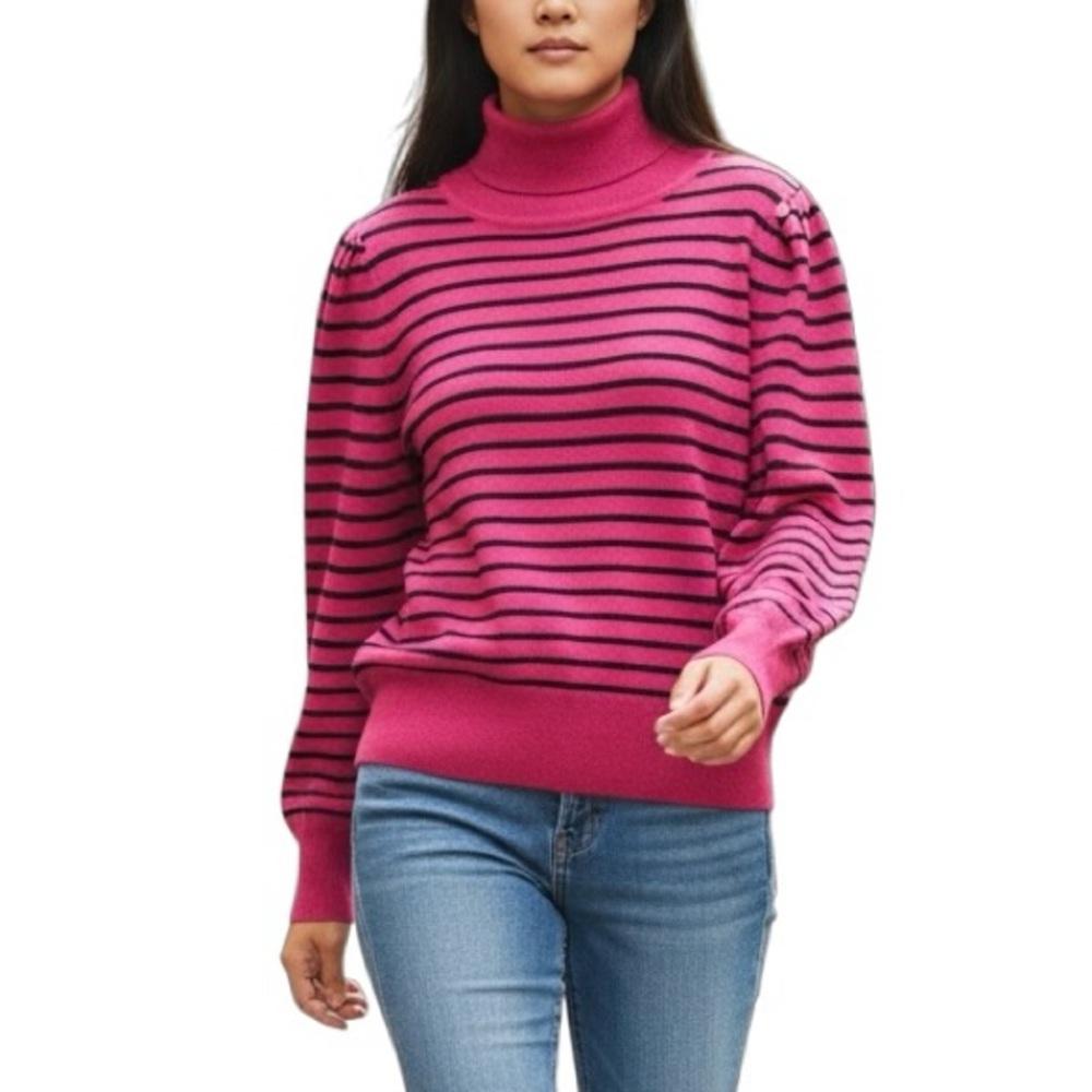Cashmere Blend Pink and Navy Striped Turtleneck Sweater - Size XL